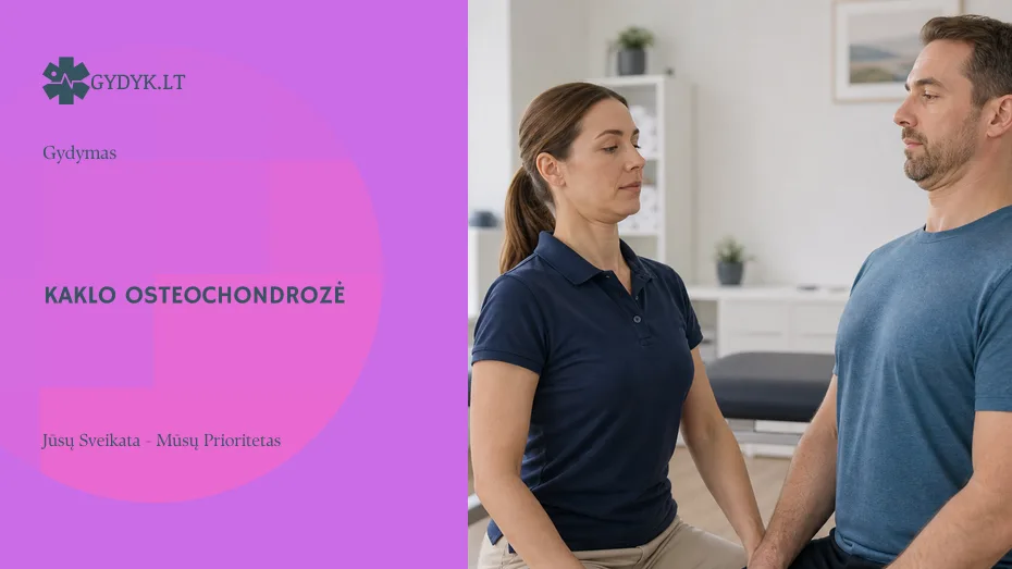 Kineziterapeutė moko pacientą švelnaus kaklo pratimo