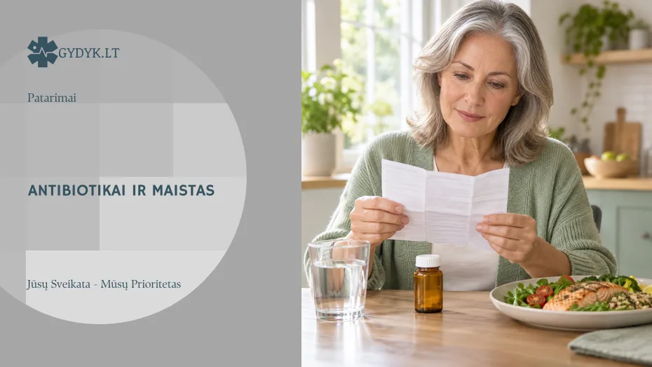 Žmogus prie valgio skaito antibiotiko informacinį lapelį