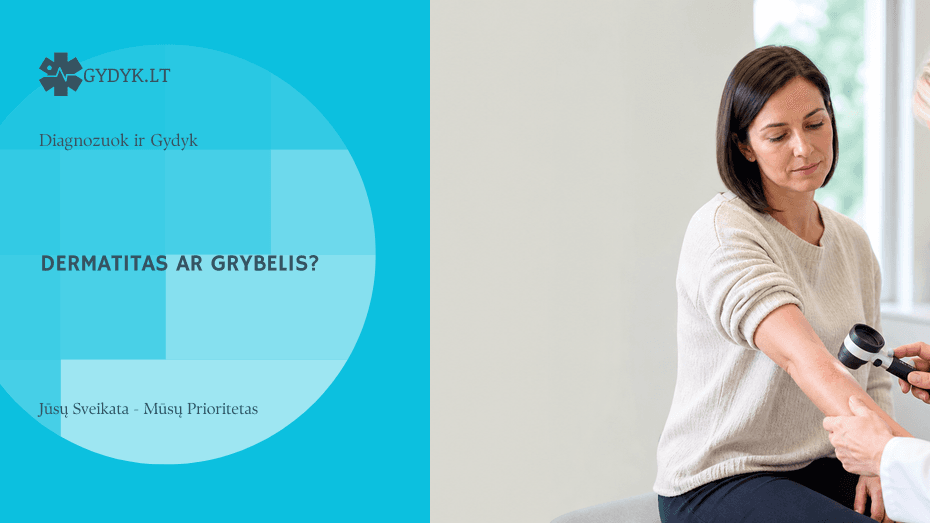 Dermatologė dermatoskopu apžiūri pacientės dilbio odos bėrimą