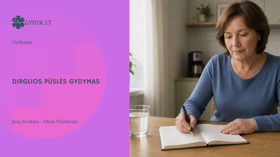 Dirgli šlapimo pūslė: kokie gydymo būdai padeda? Moteris namuose pildo šlapinimosi įpročių užrašus, šalia stovi vandens stiklinė ir laikrodis; iliustracija