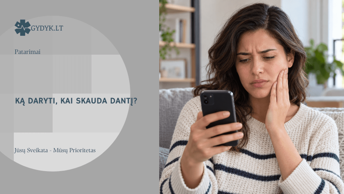 Gydyk.lt Patarimai viršelis: moteris priglaudusi ranką prie skaudamos skruosto pusės, rankoje telefonas; antraštė apie danties skausmą