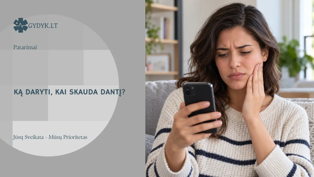Gydyk.lt Patarimai viršelis: moteris priglaudusi ranką prie skaudamos skruosto pusės, rankoje telefonas; antraštė apie danties skausmą
