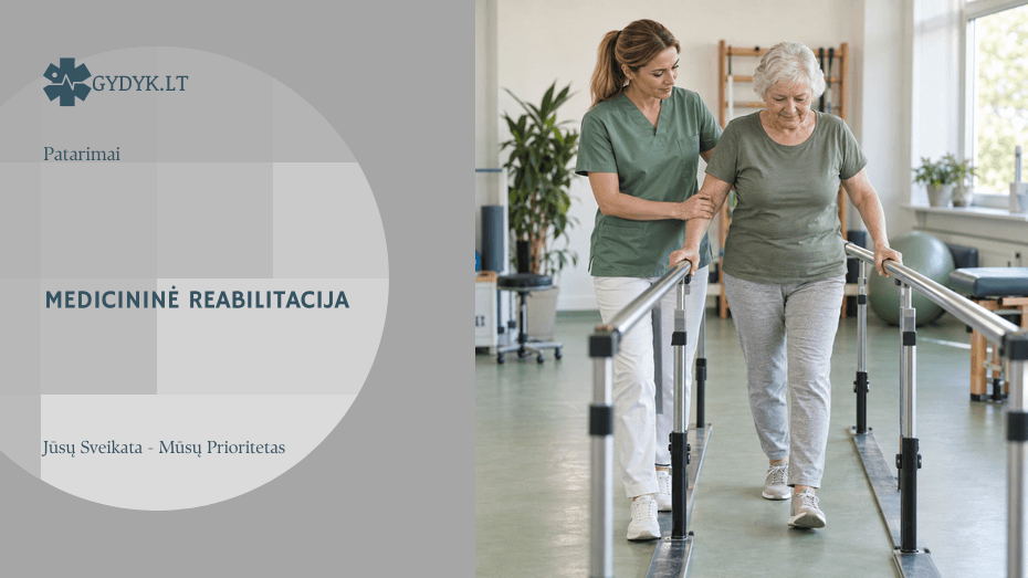 Reabilitacijos specialistė padeda pacientei atlikti ėjimo pratimą