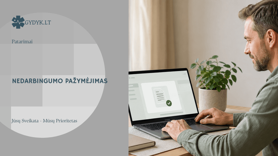 Vyras namuose tikrina elektroninį nedarbingumo pažymėjimą nešiojamajame kompiuteryje