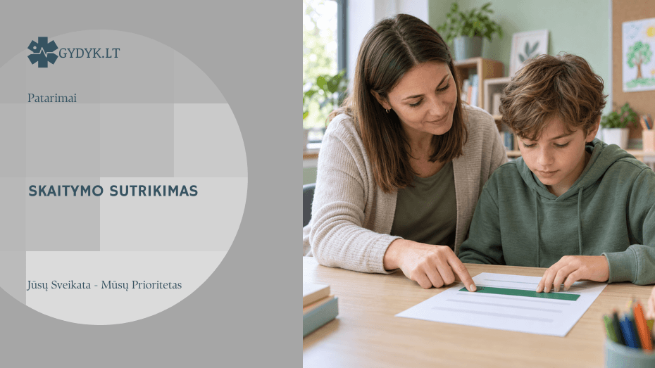 Specialioji pedagogė ramiai padeda mokiniui skaityti naudojant eilutės žymeklį