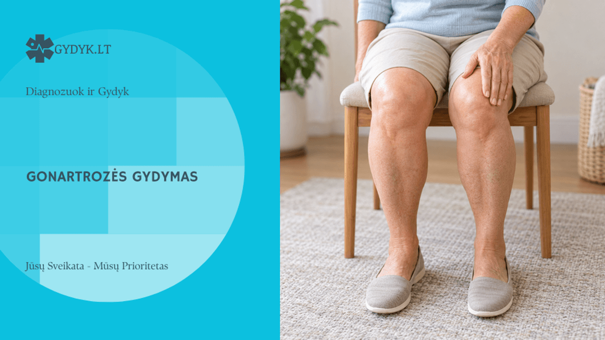 Gydyk.lt Diagnozuok ir gydyk viršelis apie gonartrozės gydymą: sėdinti moteris delnu liečia kelį, matomi abu keliai ir pėdos