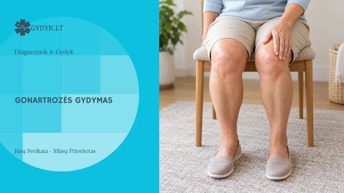 Gydyk.lt Diagnozuok ir gydyk viršelis apie gonartrozės gydymą: sėdinti moteris delnu liečia kelį, matomi abu keliai ir pėdos