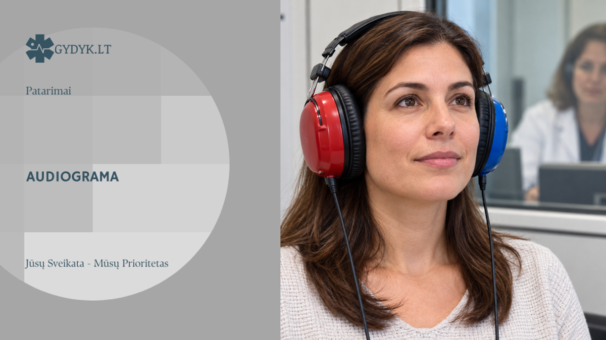 Moteris su abi ausis dengiančiomis audiometrijos ausinėmis klausos tyrimo metu