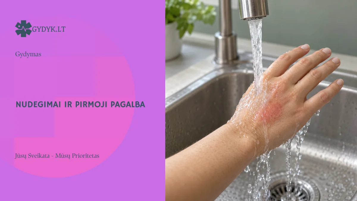 Nudegimai: laipsniai, gydymas ir pirmoji pagalba Gydyk.lt Gydymas viršelis: suaugusiojo ranka vėsinama tekančiu vandeniu virš kriauklės