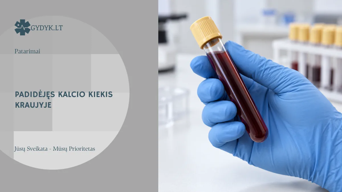 Mėlyna pirštine laikomas uždarytas kraujo mėginio mėgintuvėlis laboratorijoje; kalcio tyrimo iliustracija