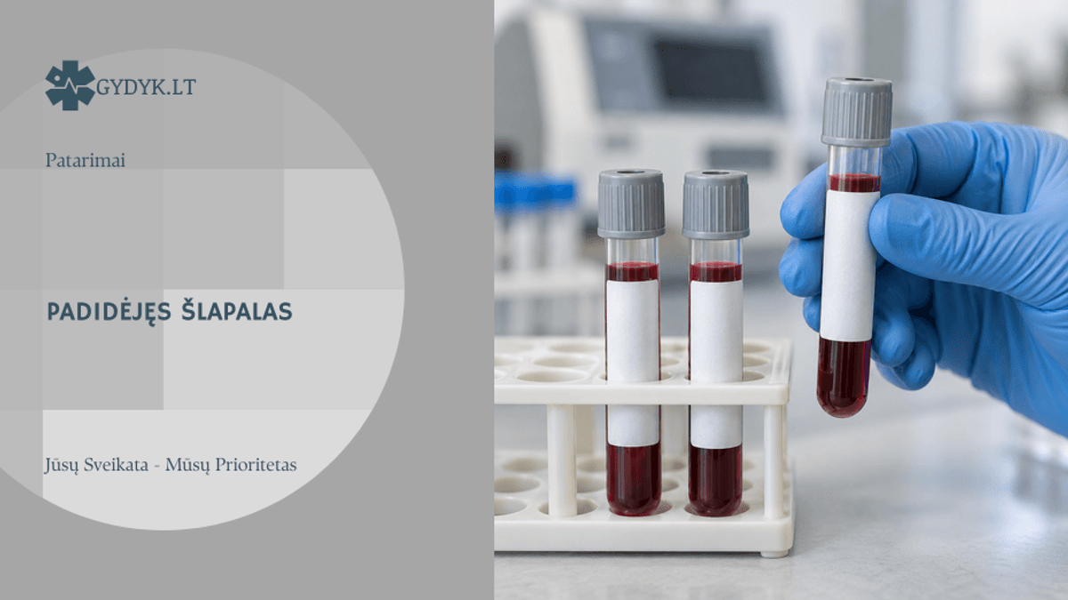 Laboratorijoje pirštine laikomas uždarytas kraujo mėginys šalia mėgintuvėlių stovo; iliustracija šlapalo kraujyje tyrimui