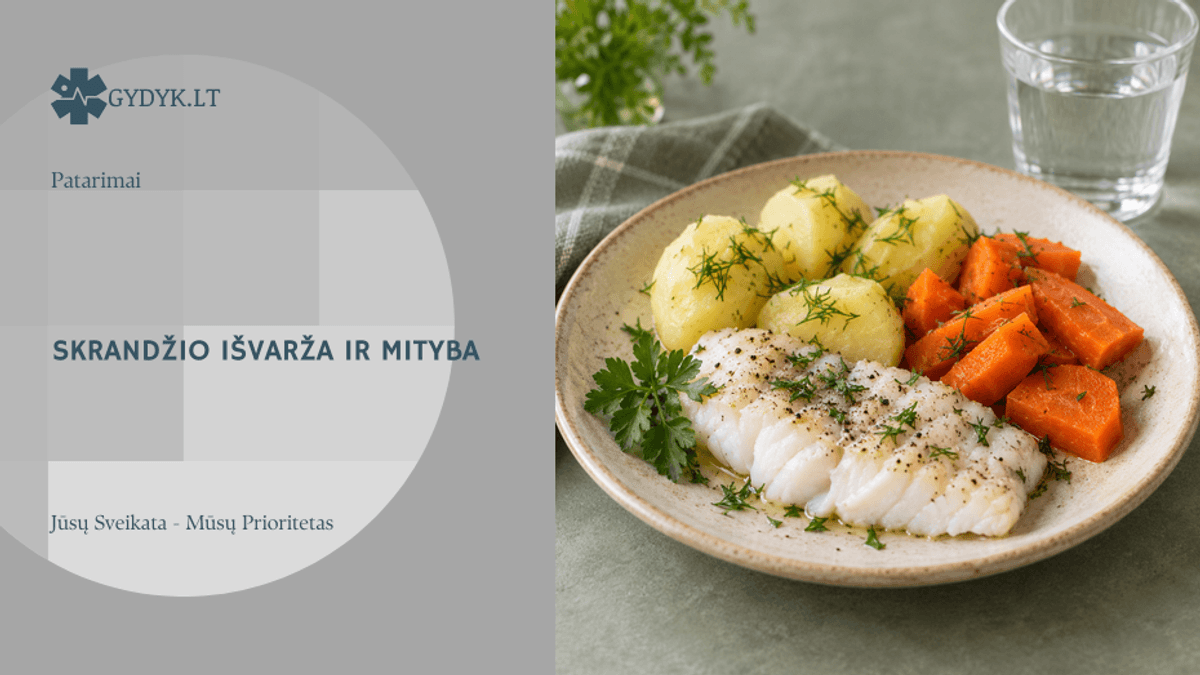 Žuvies, bulvių ir morkų valgio iliustracija gydyk.lt Patarimai šablone