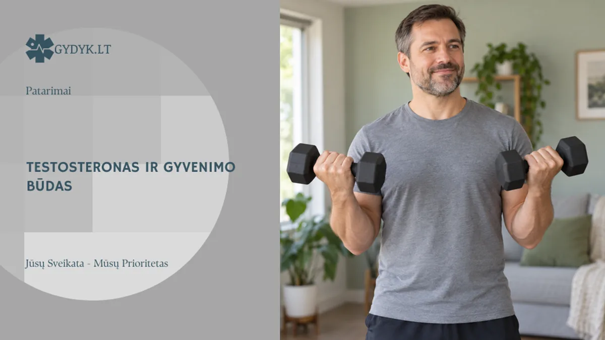Gydyk.lt Patarimai viršelis: vyras namuose laiko du nedidelius hantelius; testosteronas ir gyvenimo būdas